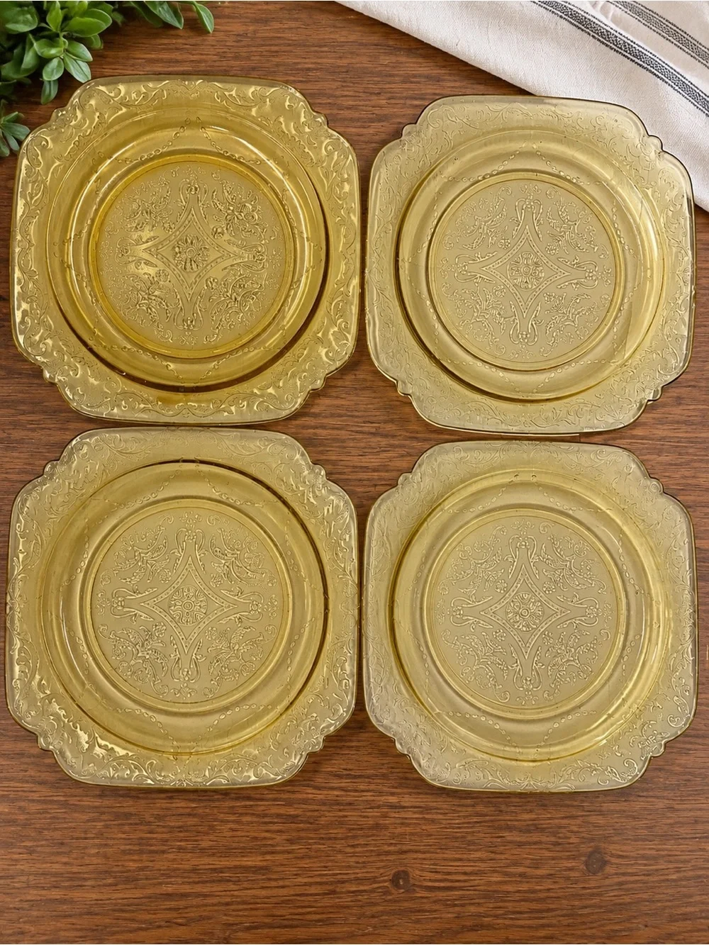 Vintage Amber Depression Glass Plates Set of 4 Square Floral Scroll 8.5
